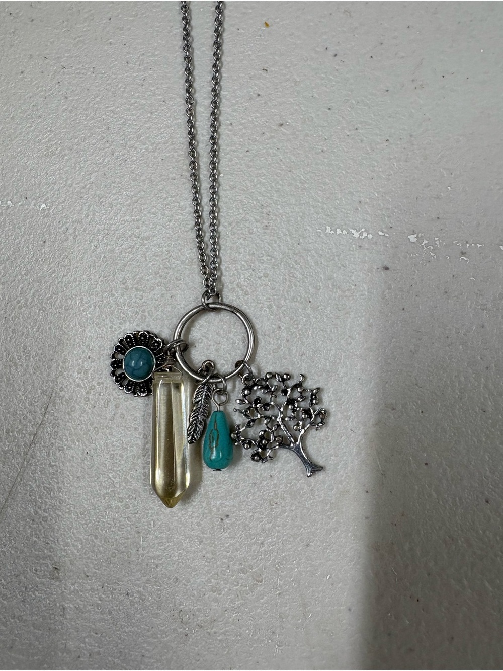 Silver Tree Charm Necklace with Turquoise and Citrine Accents